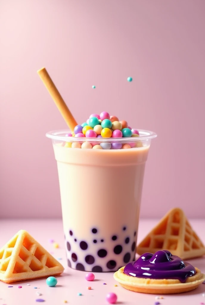 Bubble tea in a cup with triangle waffle blueberry jam