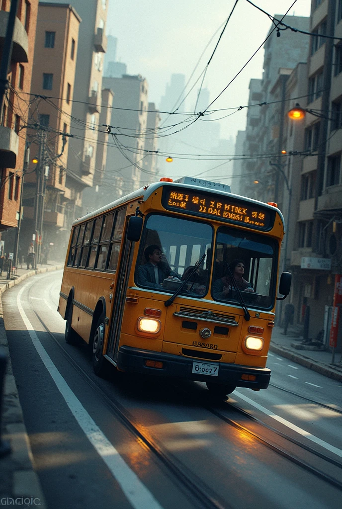 A bus is coming into the hill