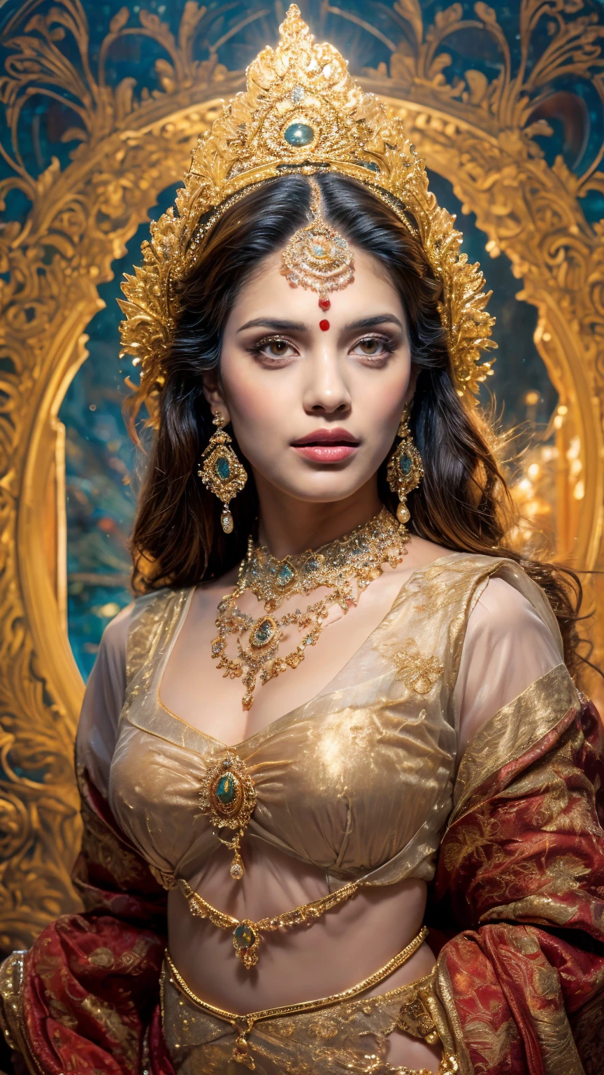 ((Best quality, 8k, Masterpiece :1.3)), Sharp focus :1.2, Generate a realistic image of a beautiful sexy Indian woman plus size body: 8.5 dressed in a white Kasava saree, adorned with traditional ornaments, standing in a well-lit room with cinematic lighting. ((Front view, random elegant pose)), and there is a sense of grace and elegance in her posture. The background should complement the scene, enhancing the overall aesthetic appeal of the image. Photography by Brandon Woelfel, Full shot: Canon EF 16-35mm f/2.8L III USM lens on a Canon EOS 9D Mark IV camera, ultra realistic, 64k, HD