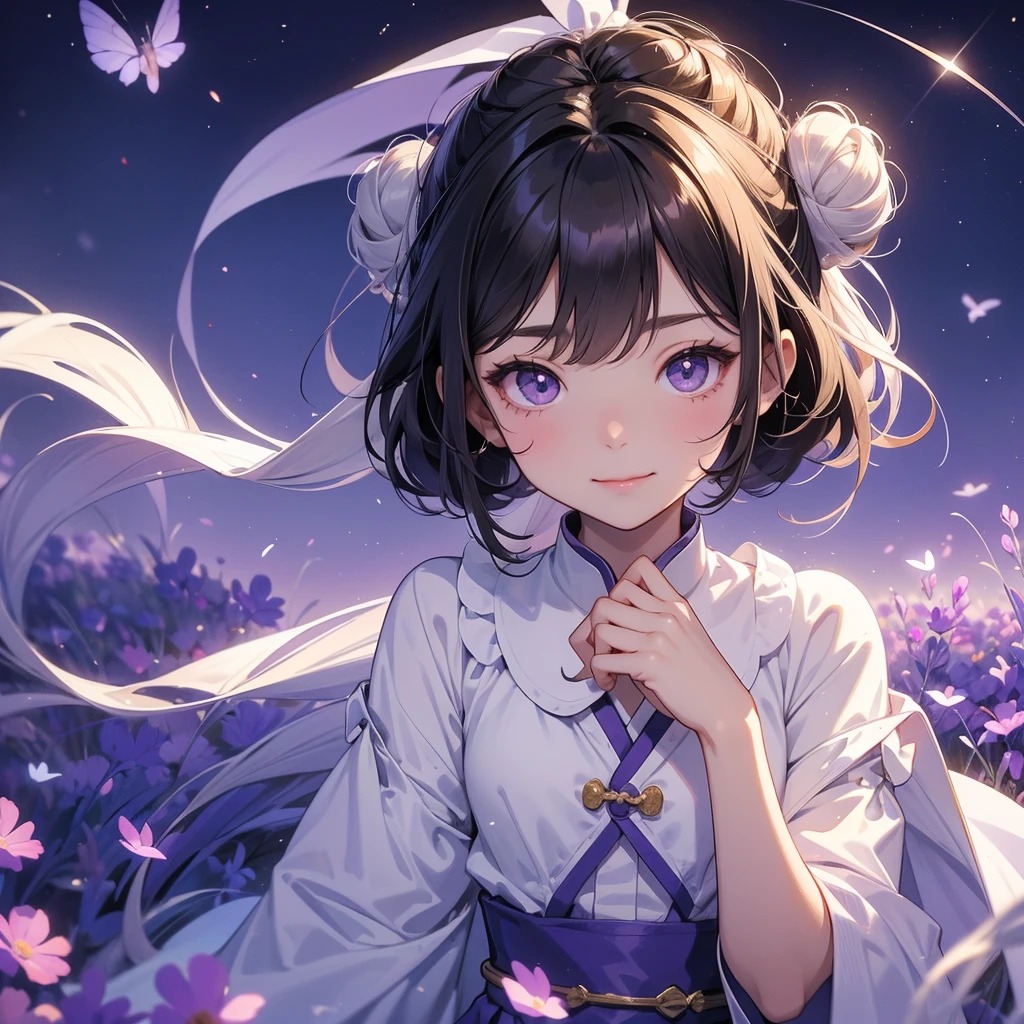 A chibi child girl had a small face and Wearing white little Taoist priest's outfit. A pair of big round eyes shone with curiosity about him. This child was so cute! ,her hair is black with two buns on her hair.small chibi, chibi baby, smiling,The little chibi baby looked up with his chest raised, and his face was old and proud.
Stroll among the purple lavender fields , There are some floating clouds.
