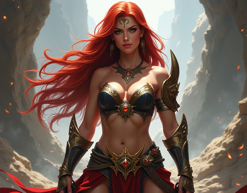A fierce girl with fiery red hair, adorned in tribal face paint, standing atop a mountain peak with a storm brewing in the background. Rendered in a bold, abstract style.