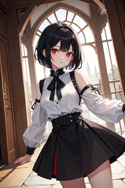 Black Bob、Red eyes、White clothing、Black Skirt、woman、Inside a great medieval mansion