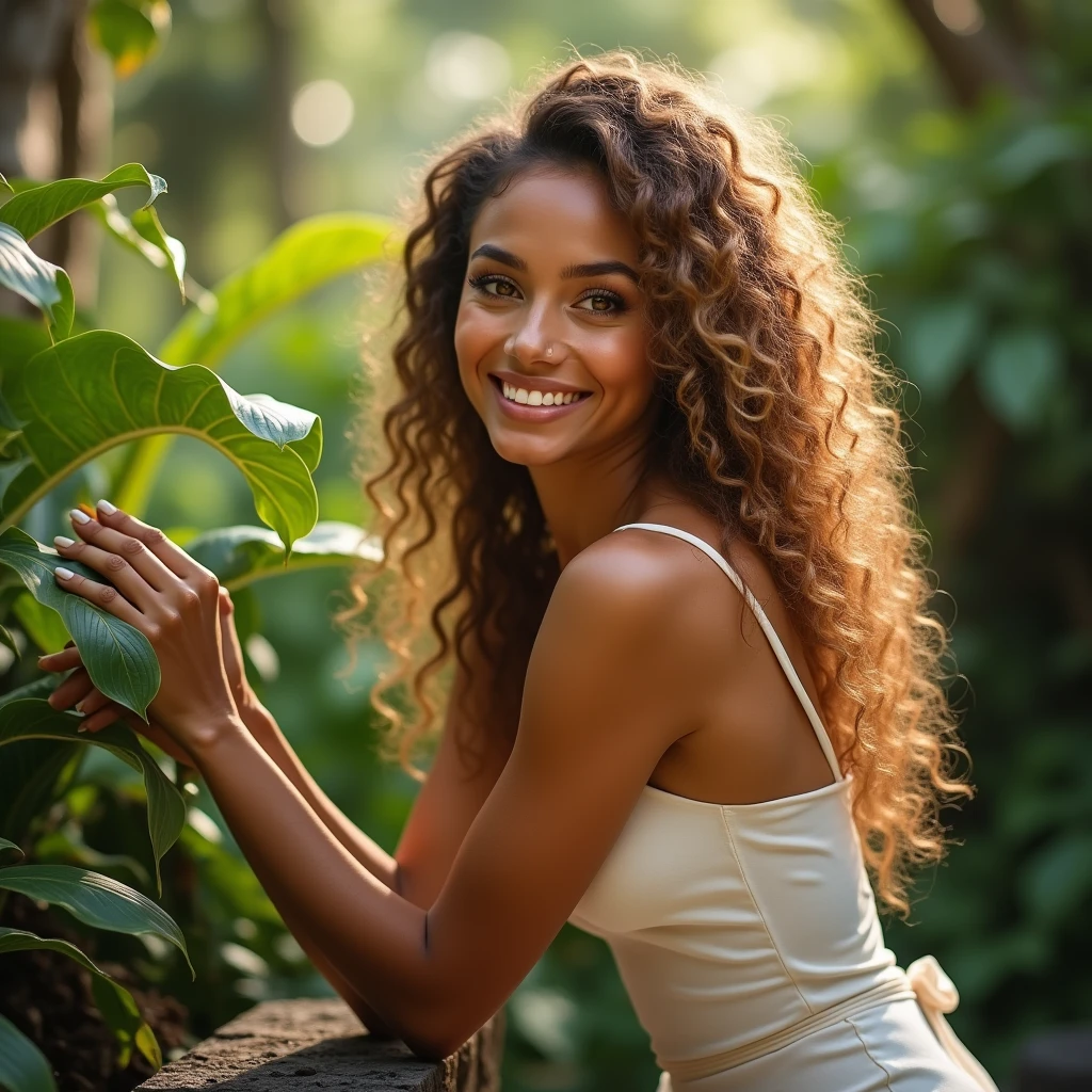 She smile, Toffee color skin, beautiful toffee mixed woman of 26 years old with long blond curly hair and extremely detailled clear yellow eyes , Whole body, She wears a beautiful sexy white and brown dress, She's on the side His head is turned towards the viewer on a beautiful place with plant, she smilles and touch the plant