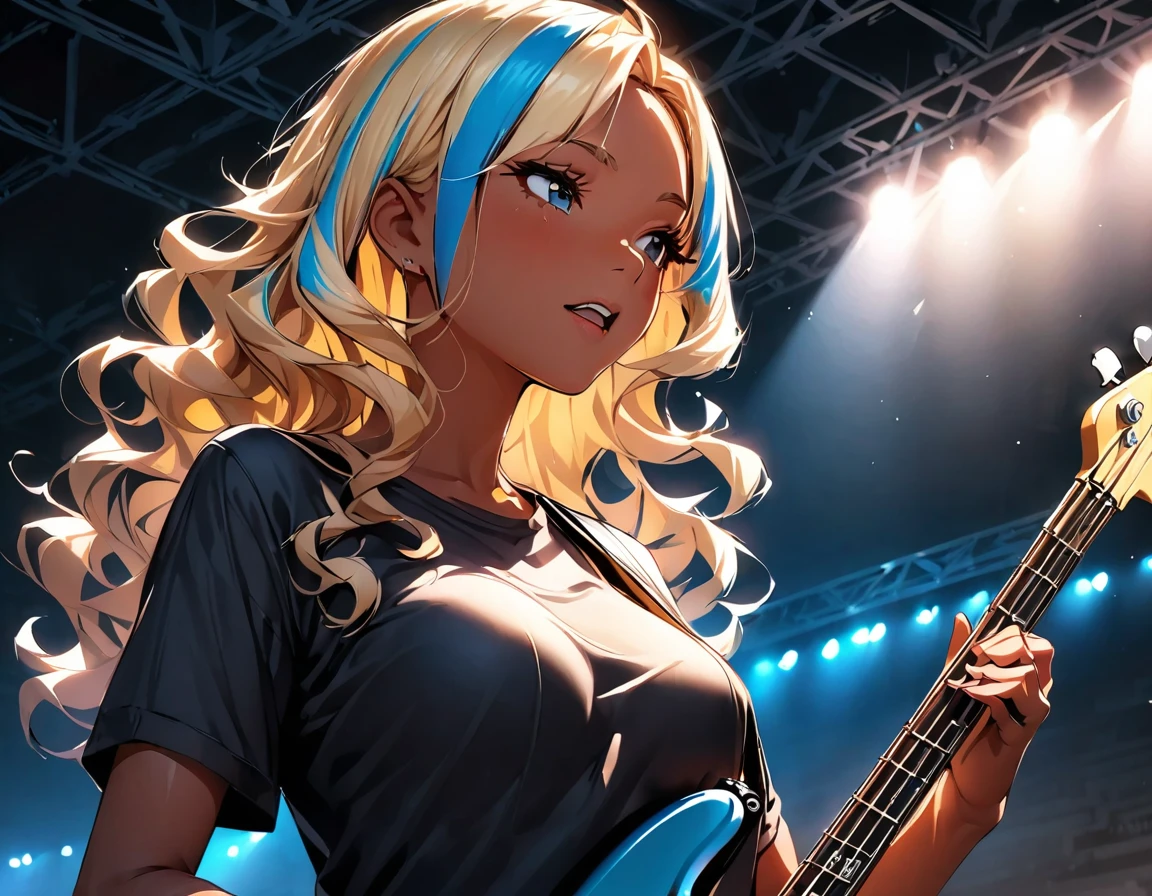 (highest quality:1.2, Very detailed, up to date, Vibrant, Ultra-high resolution, High Contrast, masterpiece:1.2, highest quality, Best aesthetics), Portraiture、girl、((25-years-old:1.5)), slim, (black t-shirt), jeans, Bright colors、Beautiful fine details、Beautiful lip detail、extra short hair, ((wavy hair:1.3))、messy hair, blonde and blue ((streaked hair:1.5)), highlights hair: 1.3, medium breast, (tan skin:1.3), ((Playing bass:1)), electric bass, Fender bass, singing, Rehearsing for a concert:1, on stage, ((upper body:1.5)),