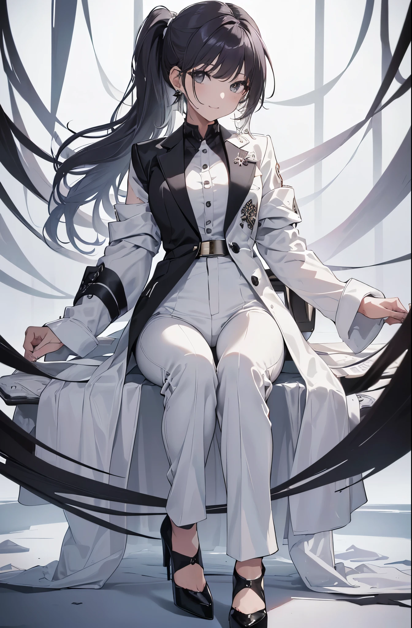 {{masterpiece}}, The best quality of life, 超High resolution, Attention to detail, high quality, High resolution, 最high quality, 4K, 8k,Attention to detail,((White long hair、Dye the inside of your hair black、ponytail)、Gradient Hair、Multi-colored hair、Parted bangs、Side-swept bangs)) 、 Cute female, 、One woman、(((Black Eyes、Black Eyes、Beautiful attention to detail,A woman with beautiful eyes)))、Expressionless adult woman、((White background))、(((Grey suit、pant style suit、Black stiletto heels)))、standing smiling、Cute Smile、Earrings