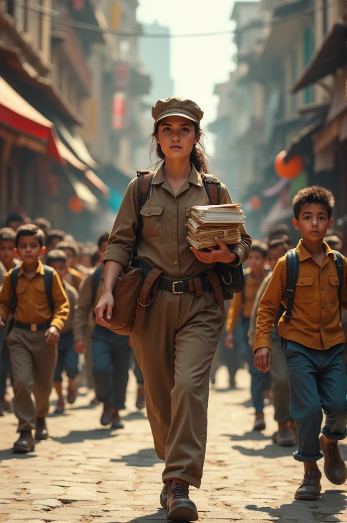 Post office working girl brown uniform in street with many boys 