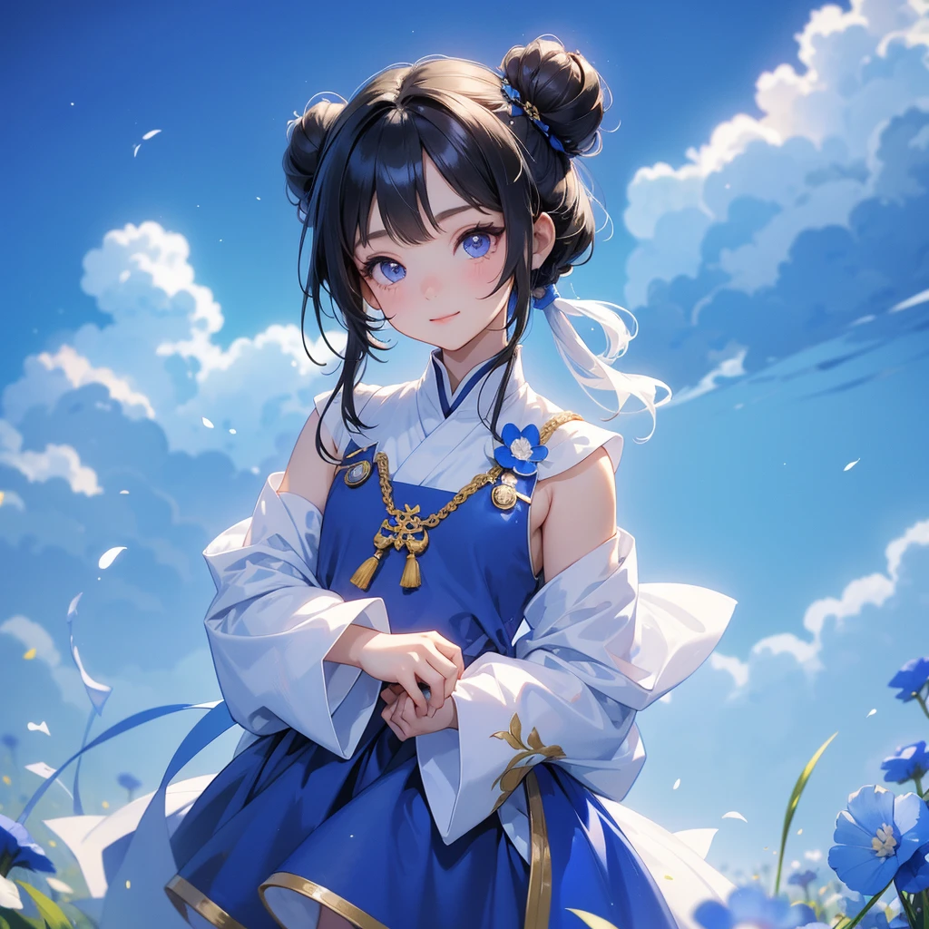 A chibi girl had a small face and Wearing white little Taoist priest's outfit. A pair of big round eyes shone with curiosity about him. This childso cute! ,her hair is black with two buns on her hair.small chibi, chibi baby, smilThe little chibi boked up with chest raised, and his face was old and proud.
Strolling among the nemophila fields Glowing blue.