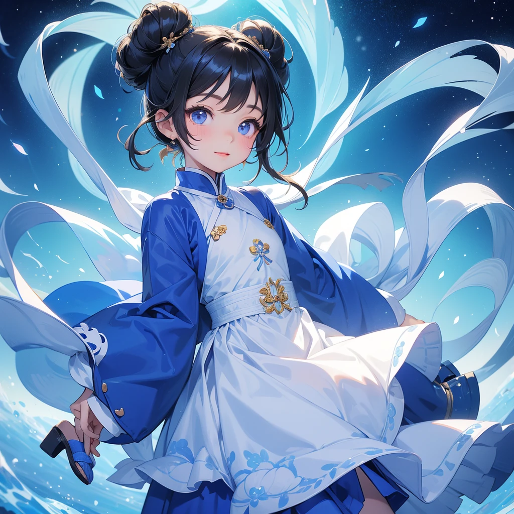 A chibi child girl had a small face and Wearing white little Taoist priest's outfit. A pair of big round eyes shone with curiosity about him. This child was so cute! ,her hair is black with two buns on her hair.small chibi, chibi baby, smiling,The little chibi baby looked up with his chest raised, and his face was old and proud.
Strolling among the nemophila fields Glowing blue.