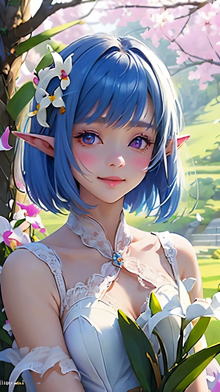 ((Cattleya、Three White Flowers、whole body、))、(Adult Elf Female、Bobcut、Blue Hair、A kind smile、Blushing cheeks、Small breasts、Look Up)、Lace dress、Soft Focus、Blur the background、(Highest quality、High resolution、masterpiece)、4K、Real、