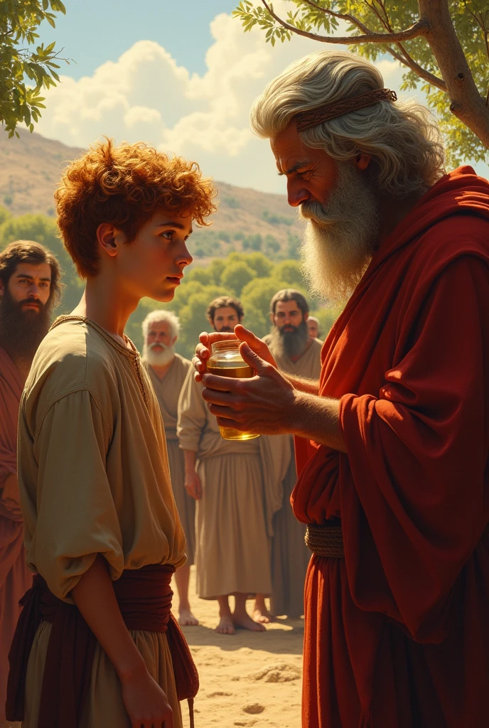 Young David, redhead and beautiful, being anointed king by the prophet Samuel,  and crowned king.