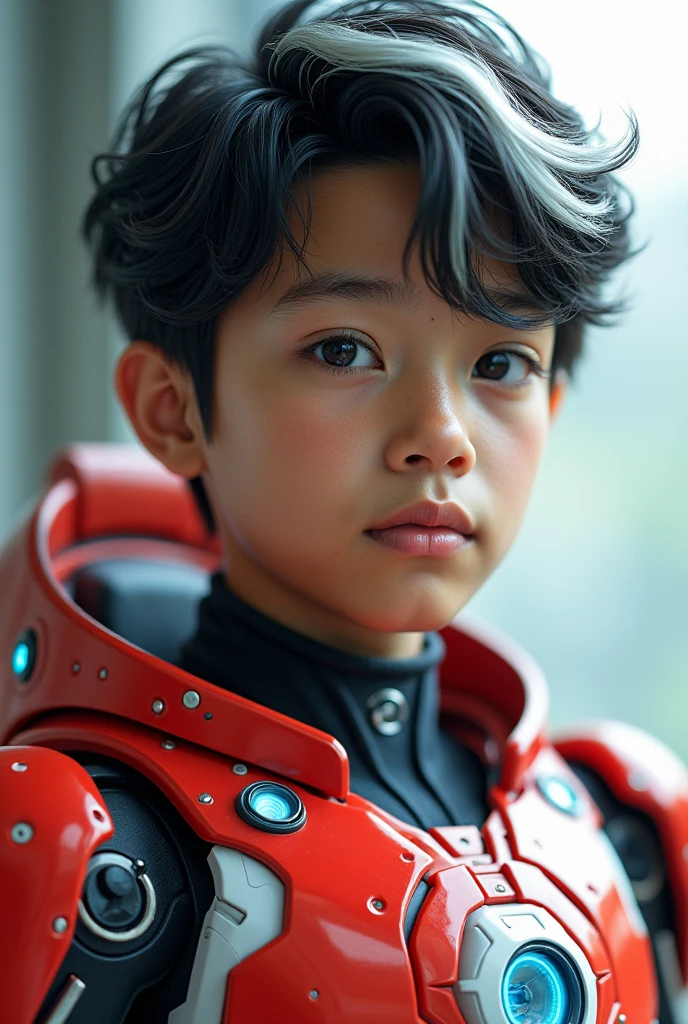 detailed portrait of a young malay indonesian boy, 19 years old, with wavy black hair and some white highlights, tan skin, wearing a red and white exoskeleton robot suit with a robot face on the body, blue LED lights on the nipple area, (best quality,4k,8k,highres,masterpiece:1.2),ultra-detailed,(realistic,photorealistic,photo-realistic:1.37),highly detailed face, detailed eyes, detailed nose, detailed lips, intricate details, hyper realistic, vibrant colors, cinematic lighting, science fiction, concept art