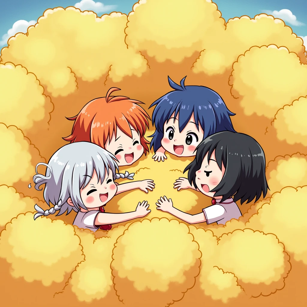 An anime-style illustration depicting four girls playfully wrestling with each other inside a gold comical fight cloud (chainese cloud).
each girl has different colored hair: one with silver hair braided,another with orenge short hair,and one with blue pig tails braided,and one with black bobcuts.
their faces,hands,and feet are visible emerging from the cloud as they tussle humorously, with the rest of their bodies completely hidden inside the cloud.
the illustration emphasizes the humorous and energetic nature of their scuffle,with a fluffy andexaggerated fight cloud.