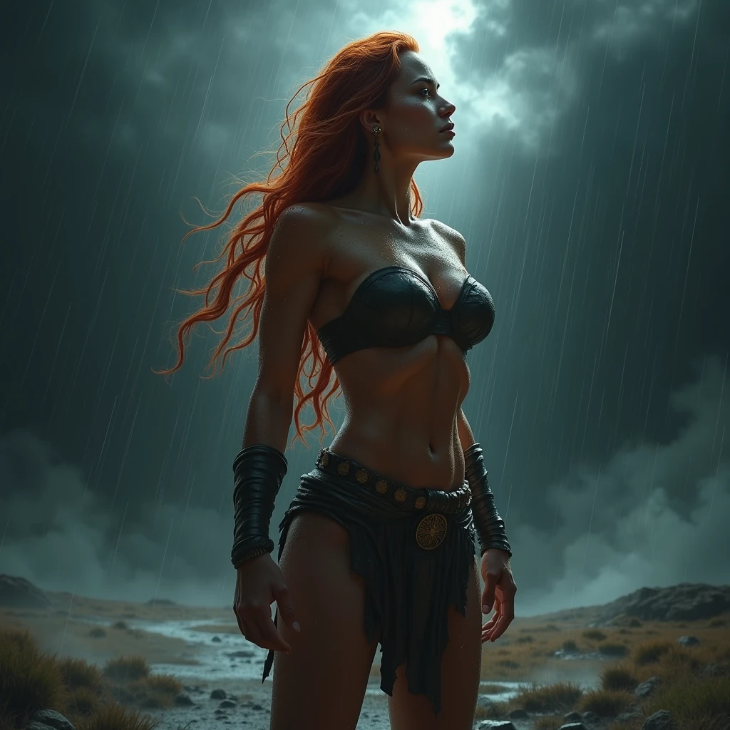 A half-naked Amazon looks up at the black sky and gets hit by the rain。Red Hair、Trained female body。