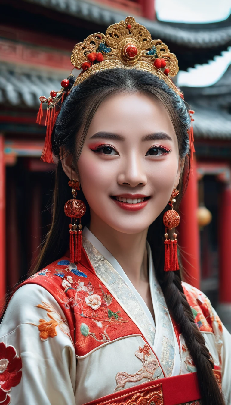 An extremely beautiful girl, long hair, white skin, very beautiful makeup, exquisite hair accessories, wearing red ancient Chinese costumes embroidered with colorful brocade, wearing expensive jewelry, smiling mouth, using high-end cosmetics. The background is the ancient town, Chinese architecture, deserted, but not sad feeling even though the girl is walking alone.
Hong Kong cinema style. Cinematic light, high detail, 8K, artstation, conceptual art, dark fantasy. Photo taken with Canon EOS R5 85mm f/11 camera, ((sharp)) mode of people and surrounding scenery. 8K image quality, realistic, masterpiece, sharpest and highest contrast, excellent depth of field, stereoscopic light, Direct light on the face, fresh sunlight.