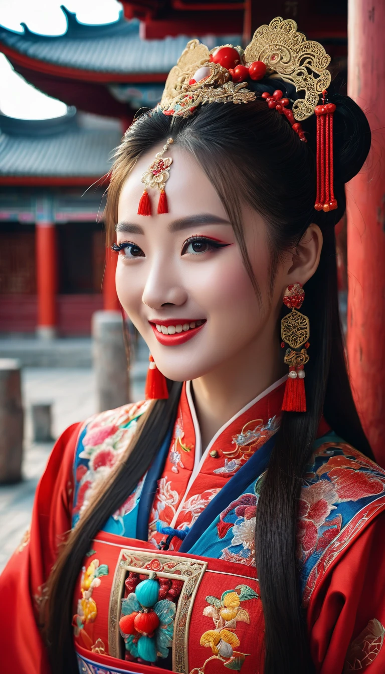 An extremely beautiful girl, long hair, white skin, very beautiful makeup, exquisite hair accessories, wearing red ancient Chinese costumes embroidered with colorful brocade, wearing expensive jewelry, smiling mouth, using high-end cosmetics. The background is the ancient town, Chinese architecture, deserted,  but not sad feeling even though the girl is walking alone.
Hong Kong cinema style. Cinematic light, high detail, 8K, artstation, conceptual art, dark fantasy. Photo taken with Canon EOS R5 85mm f/11 camera, ((sharp)) mode of people and surrounding scenery. 8K image quality, realistic, masterpiece, sharpest and highest contrast, excellent depth of field, stereoscopic light, Direct light on the face, fresh sunlight.