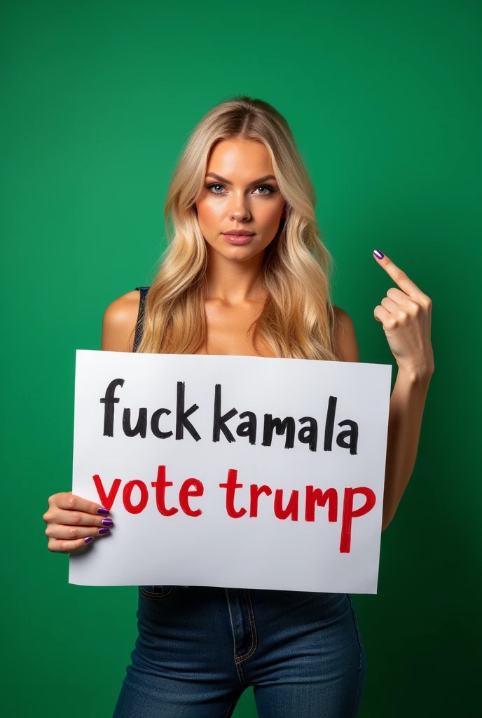 A full body of a gorgeous long haired blue-eyed blond holding a sign in one hand that says "Fuck Kamala Vote Trump" and with the other hand she is giving the camera the middle finger and it's on a solid green background so that I can cut it out later