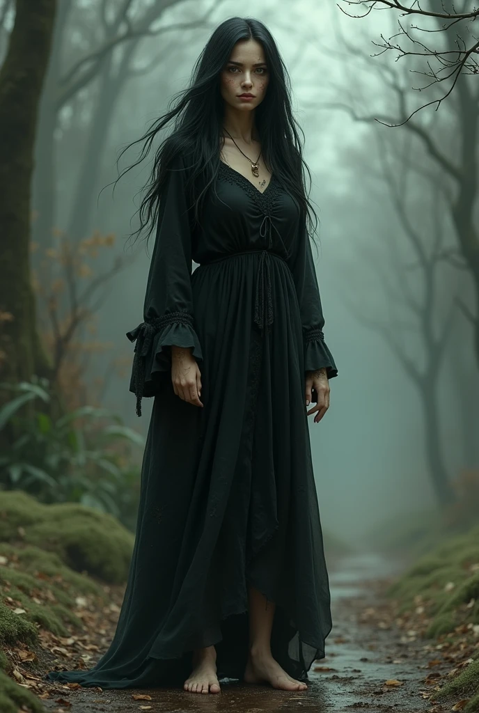 Traditional Witch lady , black hair , faded black dress ,she is standing barefoot