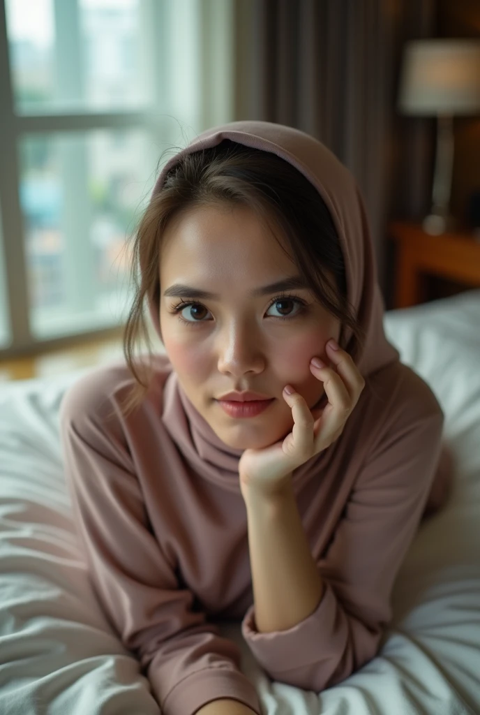 NSFW (masterpiece, top quality, best quality, extreme detailed, colorful, highest detailed, Dreamy Atmosphere, Bright color, real photo, real skin. Hyper realistic, 1girl, Malaysian young girl, ((wearing hijab ))looking sharp to the viewer, making orgasm face, making horny face, detailed skin, city street background, slender body, (lie down) (facing up) above view on a hotel's bed, ((open legs, M-legs position:1.5)), showing vagina, morning time, small breasts. She's naked, freely pose, soft front studio lighting, whole full body