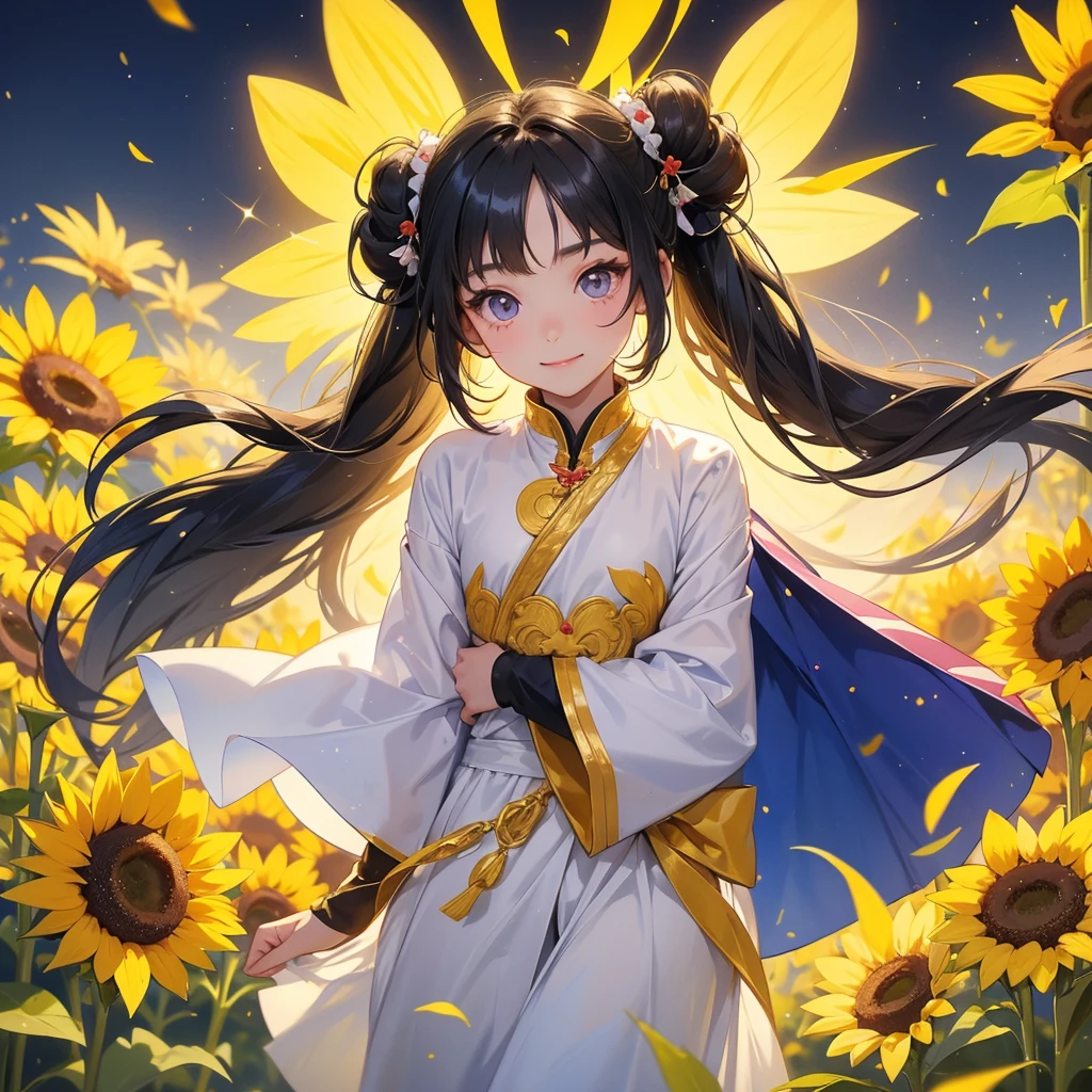 A chibi child girl had a small face and Wearing white little Taoist priest's outfit. A pair of big round eyes shone with curiosity about him. This child was so cute! ,her hair is black with two buns on her hair.small chibi, chibi baby, smiling,The little chibi baby looked up with his chest raised, and his face was old and proud.
Strolling among the sunflower fields Glowing yellow,