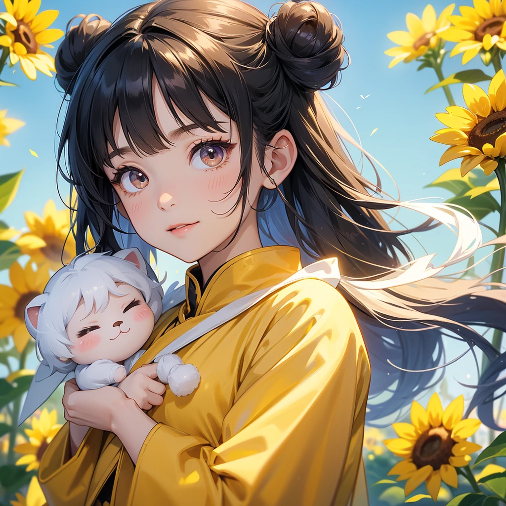 A chibi child girl had a small face and Wearing white little Taoist priest's outfit. A pair of big round eyes shone with curiosity about him. This child was so cute! ,her hair is black with two buns on her hair.small chibi, chibi baby, smiling,The little chibi baby looked up with his chest raised, and his face was old and proud.
Strolling among the sunflower fields Glowing yellow,
