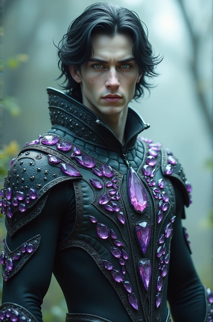 Man with very black semi-long hair ,green eyes ,very pale skin , hairless ,Slim body but still keeping visible muscles ,with armor made of precious stones ,like amethyst
