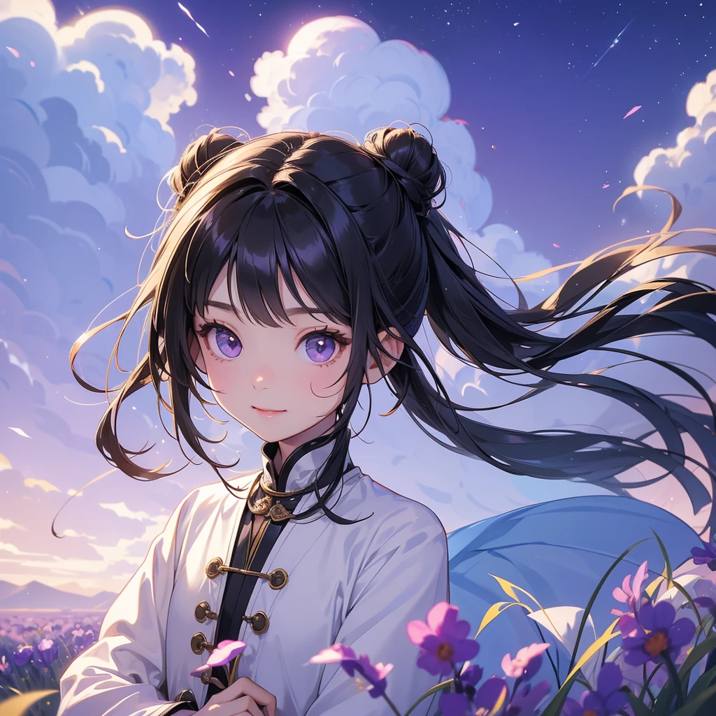 A chibi child girl had a small face and Wearing white little Taoist priest's outfit. A pair of big round eyes shone with curiosity about him. This child was so cute! ,her hair is black with two buns on her hair.small chibi, chibi baby, smiling,The little chibi baby looked up with his chest raised, and his face was old and proud.

Stroll among the purple lavender fields , There are some floating clouds.


