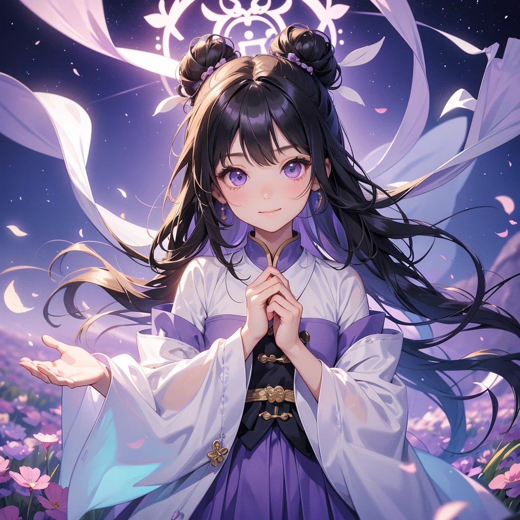 A chibi child girl had a small face and Wearing white little Taoist priest's outfit. A pair of big round eyes shone with curiosity about him. This child was so cute! ,her hair is black with two buns on her hair.small chibi, chibi baby, smiling,The little chibi baby looked up with his chest raised, and his face was old and proud.
Stroll among the purple lavender fields , There are some floating clouds.