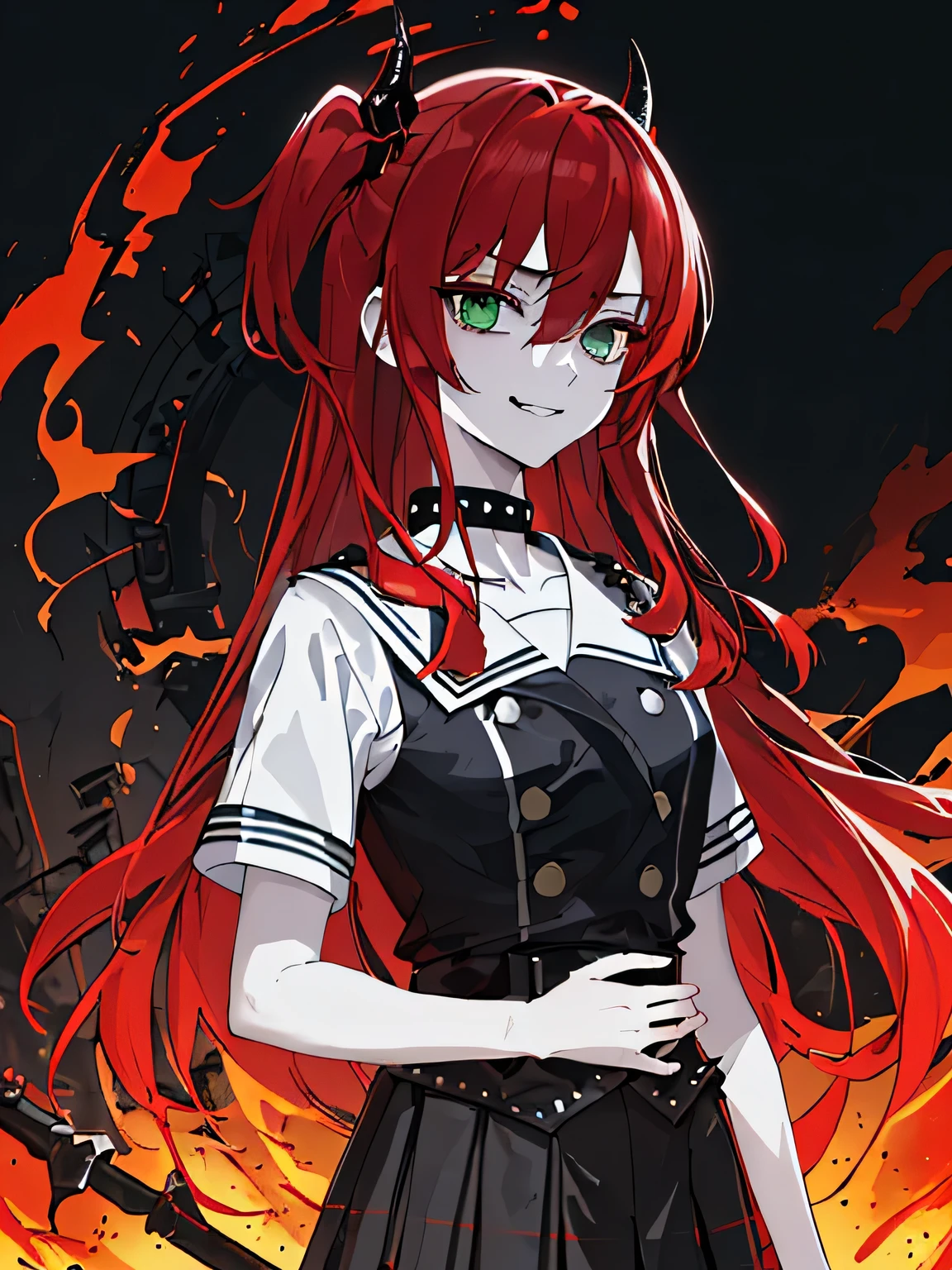 ((top-quality)), ((masterpiece)), ((ultra-detailliert)), (extremely delicate and beautiful),(((Dramatic)))、(((gritty)))、(((vehement)))Movie poster featuring a young woman as the main character。hair between eyes, long hair, one side up, red hair、Magazine Art、She wears stylish and edgy clothes、Stand confidently in the center of the poster。Dressed in costume、The background is dark and gritty.、Feeling danger and intensity。The color palette is predominantly bright、studded with saturated bright colors.、It gives the poster a dynamic and visually striking look。a miniskirt、Uniforms、Black Choker, black horns, evil smile, green eyes