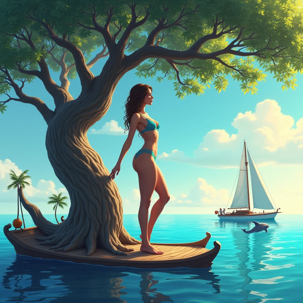 Tree beautiful woman full body, short sexy dressed, on the beautiful sailboat, a Dolphin in the background jumping out the Sea, beautiful Sky, Digital art