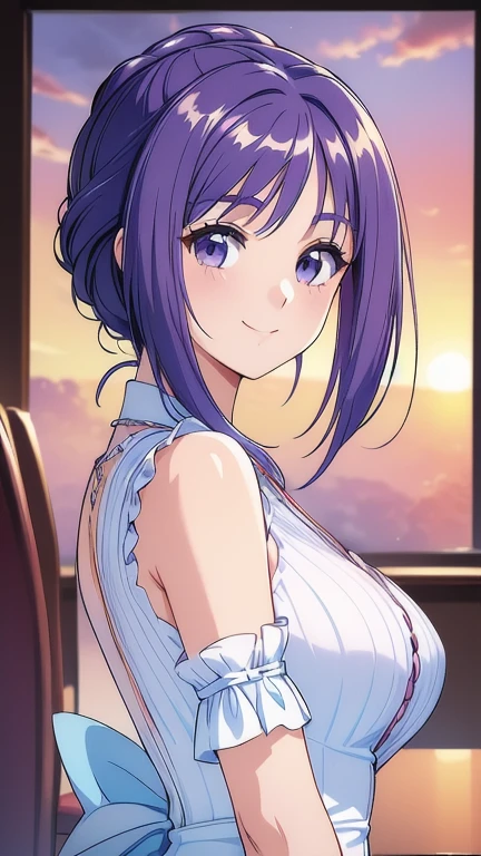 ((masterpiece, Highest quality, Highest quality, Official Art, beautifully、beautiful:1.2)),((masterpiece)),((Vibrant colors)),((Ayako Katagiri)),((幸せそうなsmile)),((smile)),((looks fun)),(White dress),(((Side bust))),(sunset),(Shoulders exposed),(See-through)