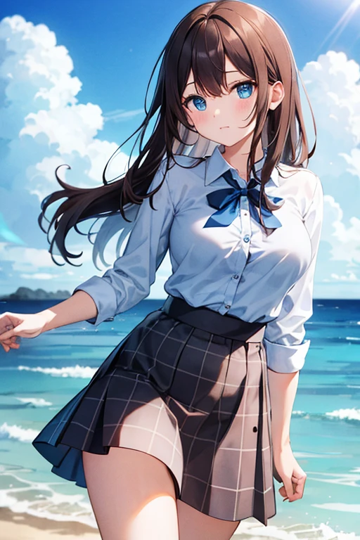 1 idle, Chocolate brown hair, Ocean Blue Eyes, Wearing an ocean blue checked skirt, Plain white button-up shirt with ocean blue ribbon , Absurd, High resolution, Super sharp, 8k, masterpiece、Large Breasts