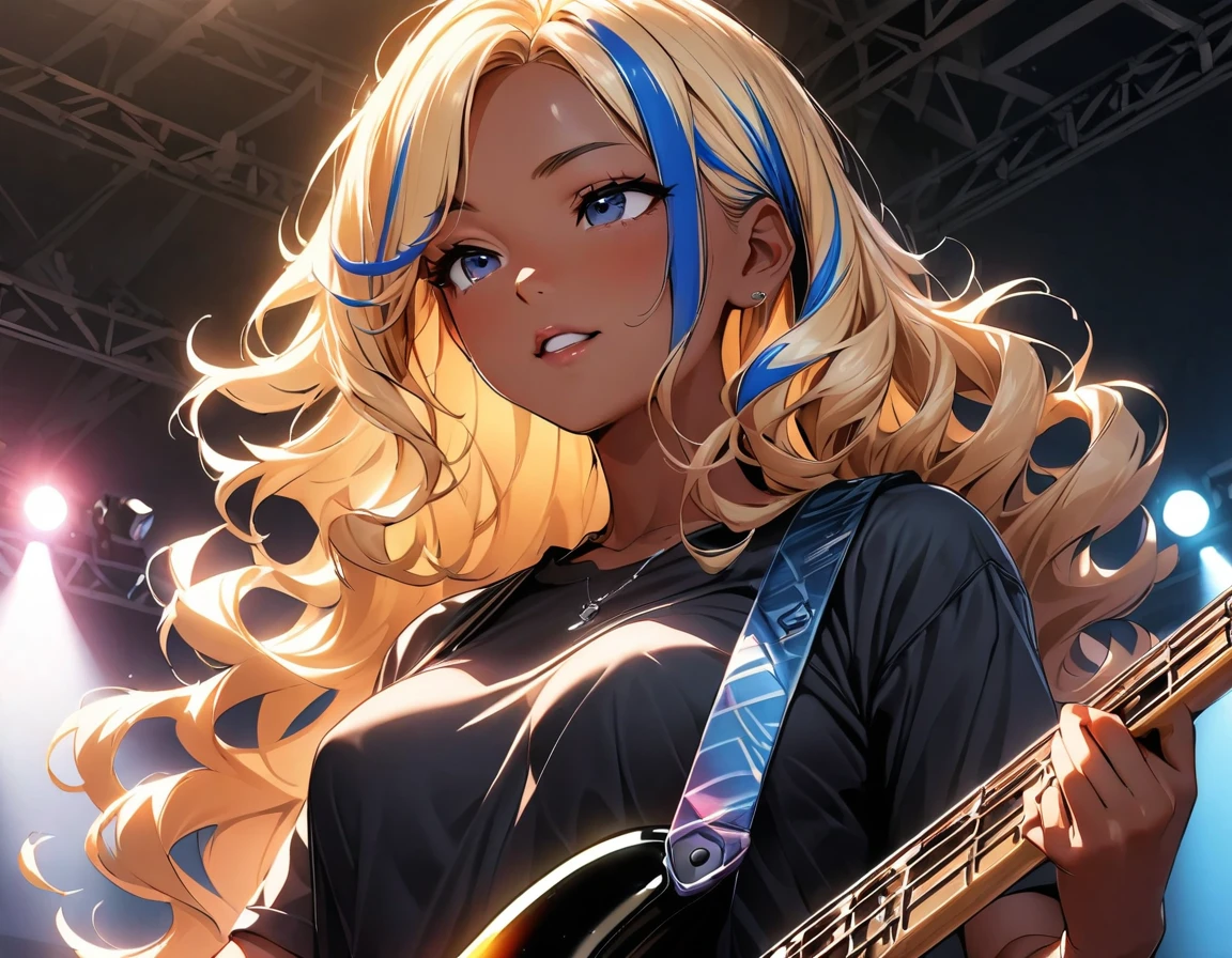 (highest quality:1.2, Very detailed, up to date, Vibrant, Ultra-high resolution, High Contrast, masterpiece:1.2, highest quality, Best aesthetics), Portraiture、girl、(25-years-old:1), slim, (black t-shirt), jeans, Bright colors、Beautiful fine details、Beautiful lip detail、extra short hair, ((wavy hair:1.3))、messy hair, blonde and blue ((streaked hair:1.5)), highlights hair: 1.3, medium breast, (tan skin:1.3), ((Playing bass:1)), electric bass, singing, Rehearsing for a concert:1, on stage, (upper body:1.5),