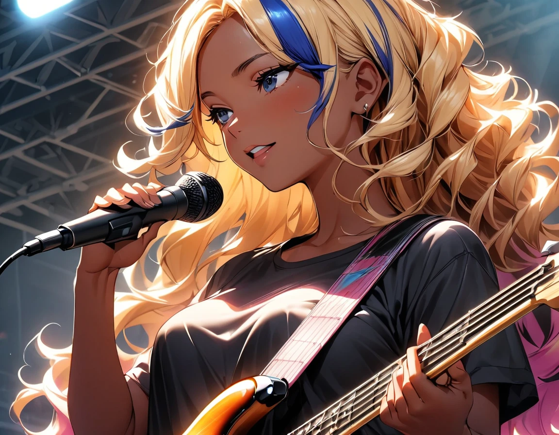 (highest quality:1.2, Very detailed, up to date, Vibrant, Ultra-high resolution, High Contrast, masterpiece:1.2, highest quality, Best aesthetics), Portraiture、girl、(25-years-old:1), slim, (black t-shirt), jeans, Bright colors、Beautiful fine details、Beautiful lip detail、extra short hair, ((wavy hair:1.3))、messy hair, blonde and blue ((streaked hair:1.5)), highlights hair: 1.3, medium breast, (tan skin:1.3), ((Playing bass:1)), electric bass, singing, Rehearsing for a concert:1, on stage, (upper body:1.5),