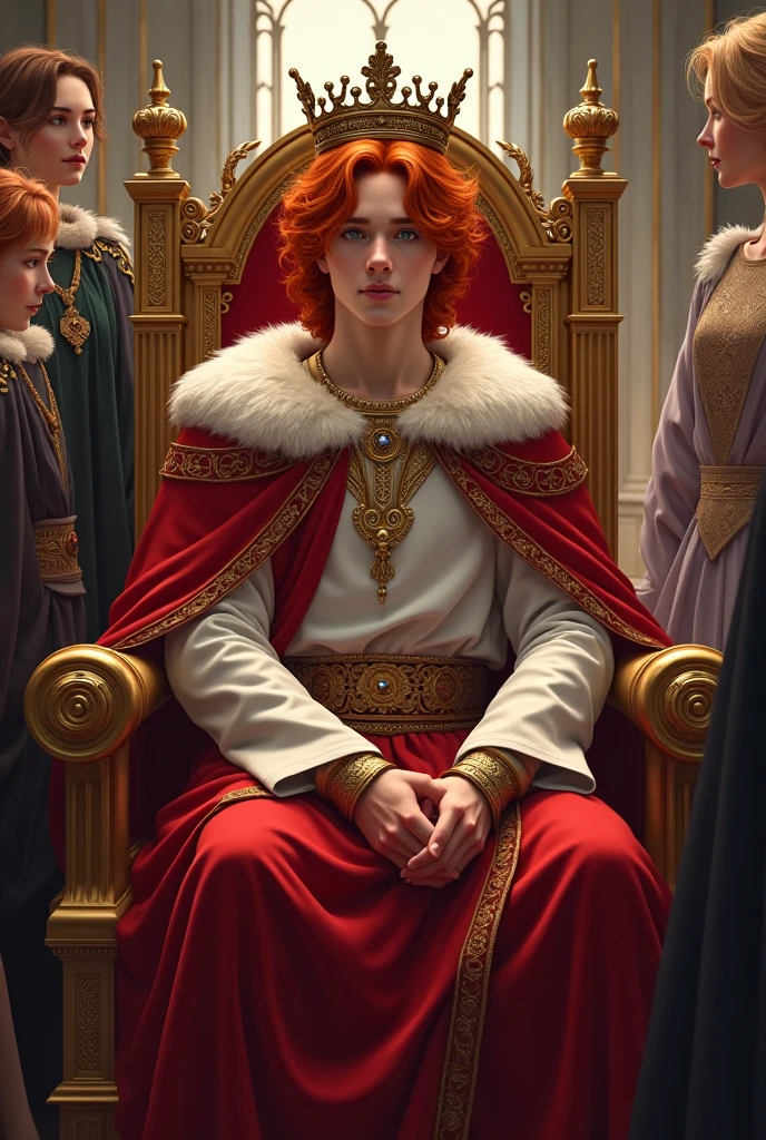 Young David, redhead and beautiful, being crowned king, sitting in a throne
