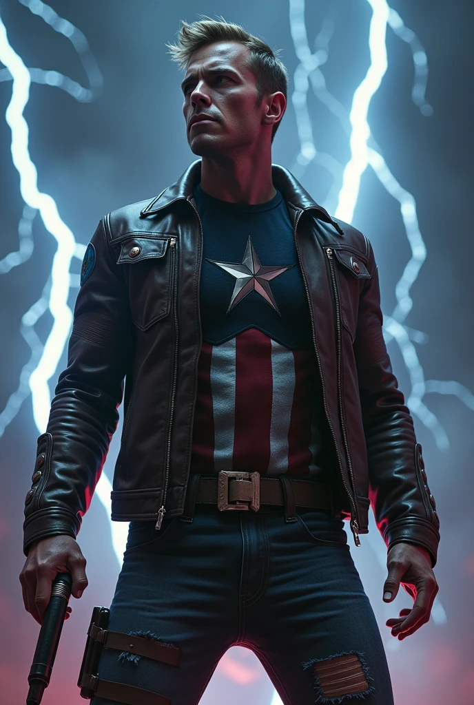 rock Captain America marvel by holding the mic with a background of thunder and very rock vibes.