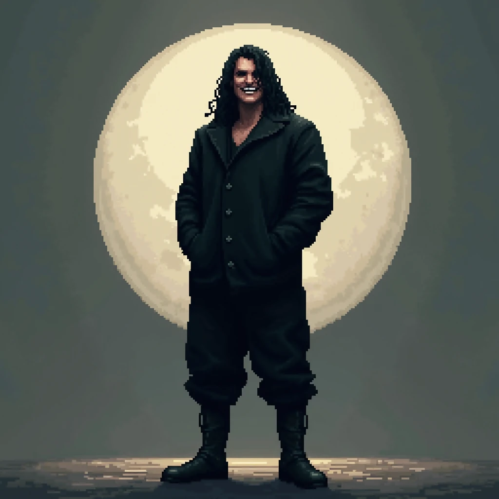 (masterpiece, top quality, best quality), pixel,pixel art,1man in a black straight jacket,long hair covering eyes, grinning,black boots,boss,aura