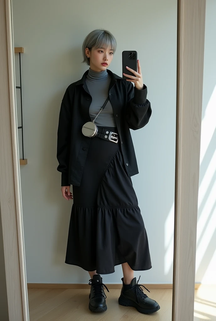 highly detailed, beautiful, hyper Realistic girl, masterpiece, best quality, Japanese sexy gravure woman, 28 years old, identity hidden, takes a selfie in her room using a smartphone in front of a mirror with one hand, fashion model Posing, looking away from the camera, /// gray short hair, light color eyes, Realistic skin, Detailed face, /// black-themed, futuristic-inspired fall outfit, black asymmetrical sleek big shirt with collar, form-fitting turtleneck in a soft gray fabric. Combine this with high-waisted black layered maxi patchwork skirt made from a modern silhouette, Footwear should include black, futuristic sneakers with Thick soles. Accessories might involve a slim, metallic belt and a minimalist silver crossbody bag. The overall look should blend modern functionality with futuristic elements, offering a fresh, forward-thinking take on autumn fashion, /// Monotone simple modern taste single room, mirror, complicated background
