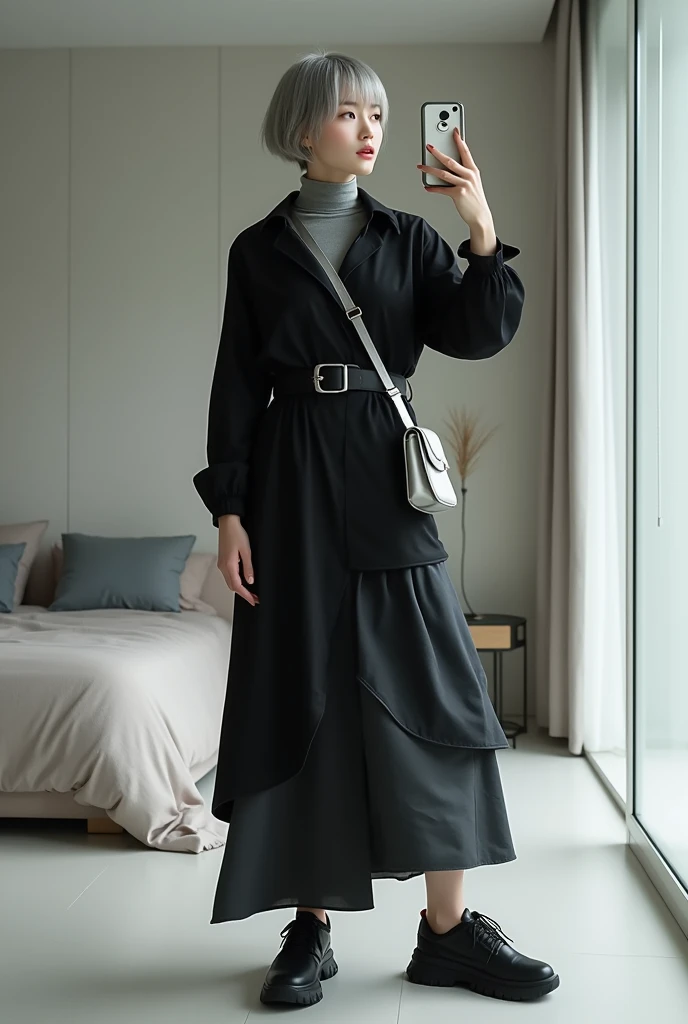 highly detailed, beautiful, hyper Realistic girl, masterpiece, best quality, Japanese sexy gravure woman, 28 years old, identity hidden, takes a selfie in her room using a smartphone in front of a mirror with one hand, fashion model Posing, looking away from the camera, /// gray short hair, light color eyes, Realistic skin, Detailed face, /// black-themed, futuristic-inspired fall outfit, black asymmetrical sleek big shirt with collar, form-fitting turtleneck in a soft gray fabric. Combine this with high-waisted black layered maxi patchwork skirt made from a modern silhouette, Footwear should include black, futuristic sneakers with Thick soles. Accessories might involve a slim, metallic belt and a minimalist silver crossbody bag. The overall look should blend modern functionality with futuristic elements, offering a fresh, forward-thinking take on autumn fashion, /// Monotone simple modern taste single room, mirror, complicated background