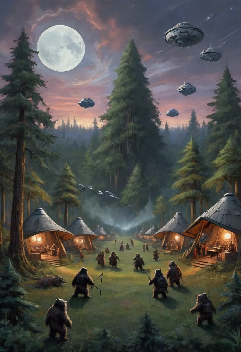 a lush forest of tall trees, an Ewok village nestled among the branches, a twilight sky with the Death Star exploding in the distance, a fleet of spaceships engaged in a fierce battle, Ewoks looking up to the sky and cheering, a serene and joyful scene