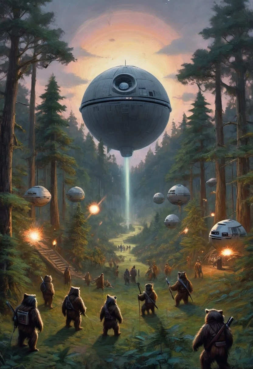 a lush forest of tall trees, an Ewok village nestled among the branches, a twilight sky with the Death Star exploding in the distance, a fleet of spaceships engaged in a fierce battle, Ewoks looking up to the sky and cheering, a serene and joyful scene