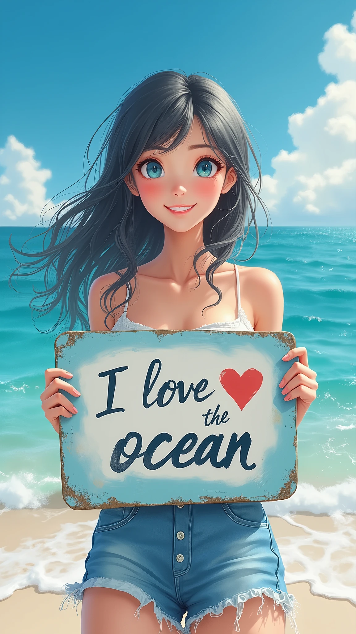 A poster with the words "I ♡ ocean！".  a beautiful bimbo holding the poster, beautiful girl, cute, Brown Hair, The background is the beach, School Swimsuit