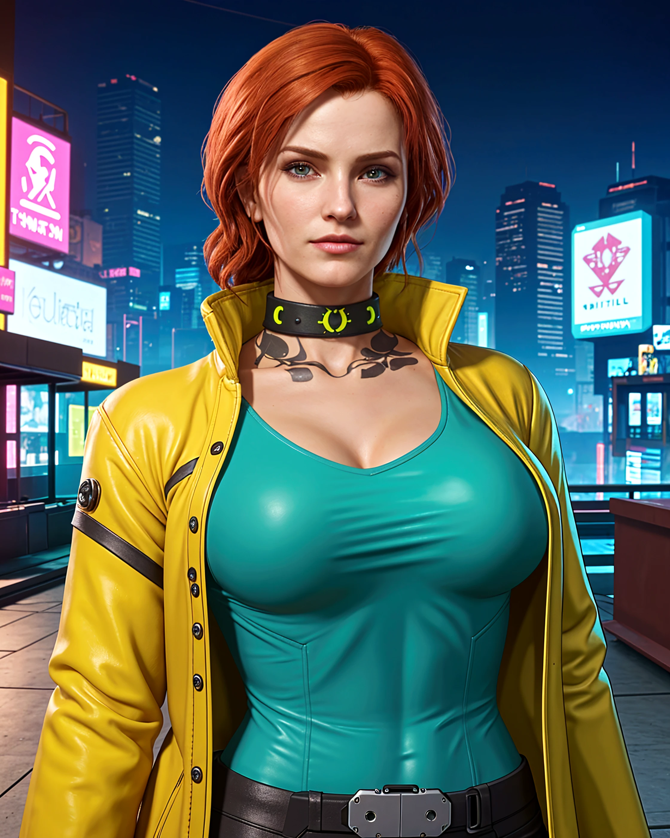 20 years old teen in office, aroused look, red hair, pony tail, busty, huge breasts, cleveage, cyberpunk theme, unbuttoned white blouse, short black skirt, black jacket, neon lights