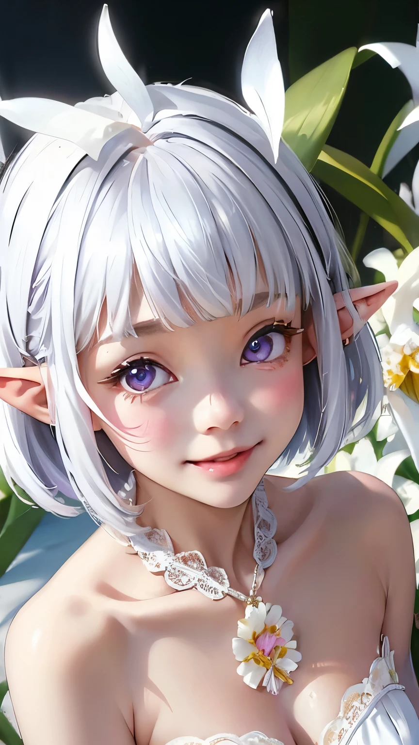 ((Cattleya、Three White Flowers、Close-up、Upper Body、))、(Adult Elf Bride、Bobcut、Blue Hair、A kind smile、Blushing cheeks、Small breasts、Look Up)、Lace dress、Soft Focus、Blur the background、(Highest quality、High resolution、masterpiece)、4K、Real、