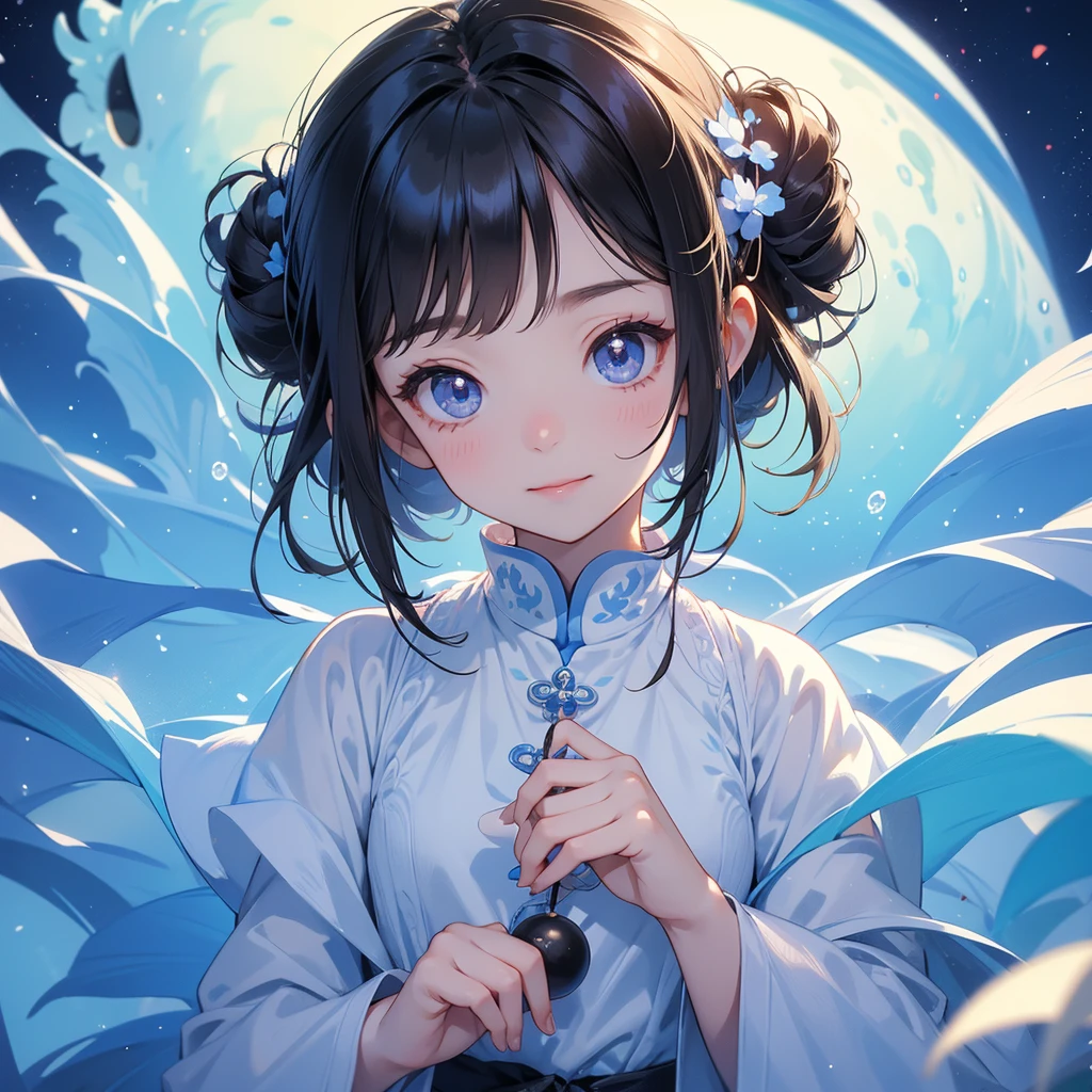 A chibi child girl had a small face and Wearing white little Taoist priest's outfit. A pair of big round eyes shone with curiosity about him. This child was so cute! ,her hair is black with two buns on her hair.small chibi, chibi baby, smiling,The little chibi baby looked up with his chest raised, and his face was old and proud.
Strolling among the nemophila fields Glowing blue.