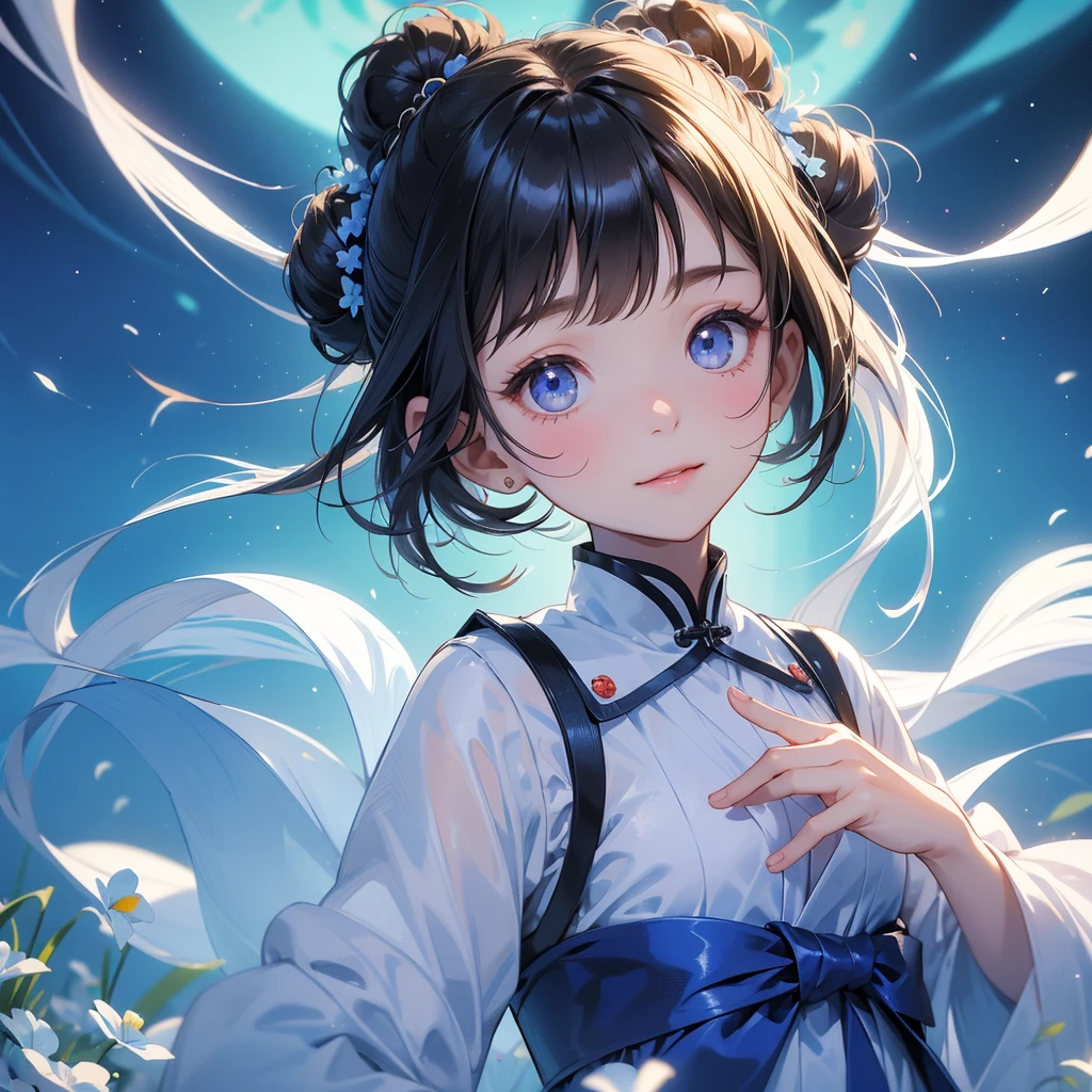 A chibi child girl had a small face and Wearing white little Taoist priest's outfit. A pair of big round eyes shone with curiosity about him. This child was so cute! ,her hair is black with two buns on her hair.small chibi, chibi baby, smiling,The little chibi baby looked up with his chest raised, and his face was old and proud.
Strolling among the nemophila fields Glowing blue.