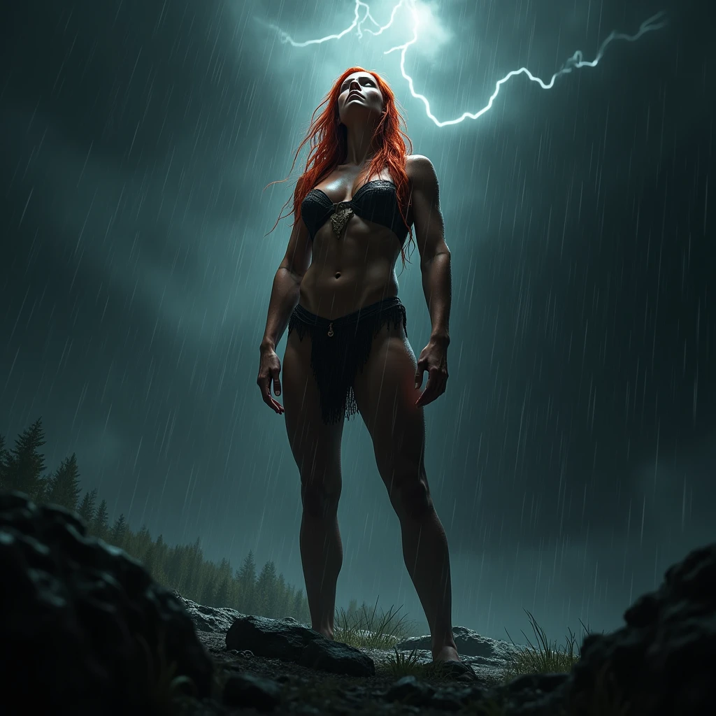 A naked Amazon looks up at the black sky and is hit by heavy rain。Red Hair、Trained female body。Lightning in the distance