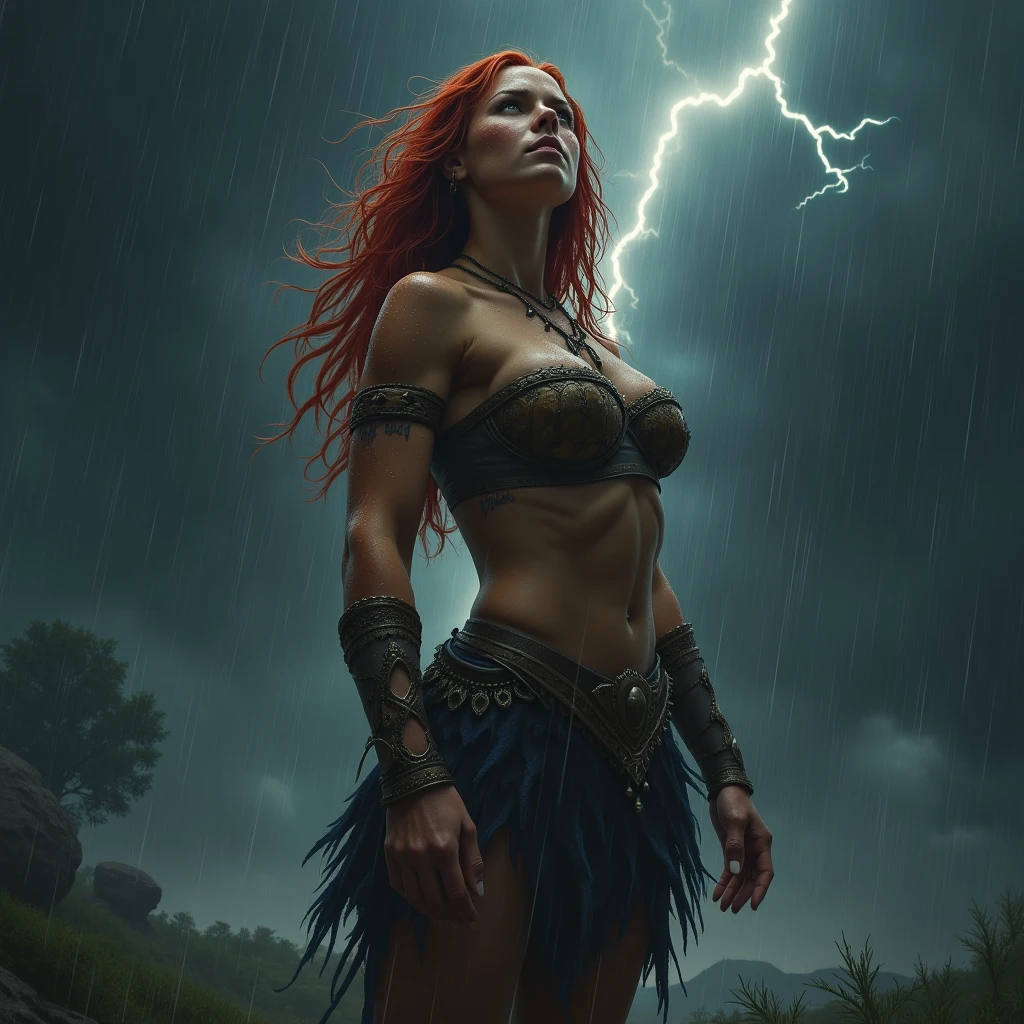 A naked Amazon looks up at the black sky and is hit by heavy rain。Red Hair、Trained female body。Lightning in the distance
