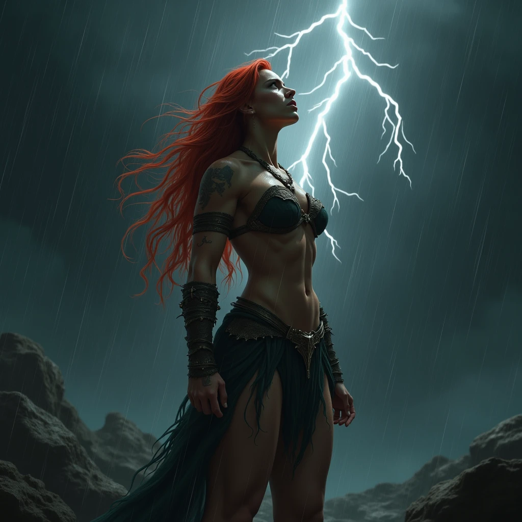 A naked Amazon looks up at the black sky and is hit by heavy rain。Red Hair、Trained female body。Lightning in the distance