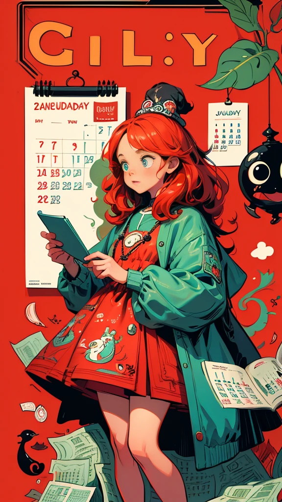 a girl checking a calendar as she is waiting for a payment, daily deviation on deviantart, illustration daily deviation, x - day, ultra humorous illustration, calendar says monday, funny illustration, humorous illustration, very humorous illustration, !!!! very coherent!!!!, jim woodring, by Denis Eden, red color theme