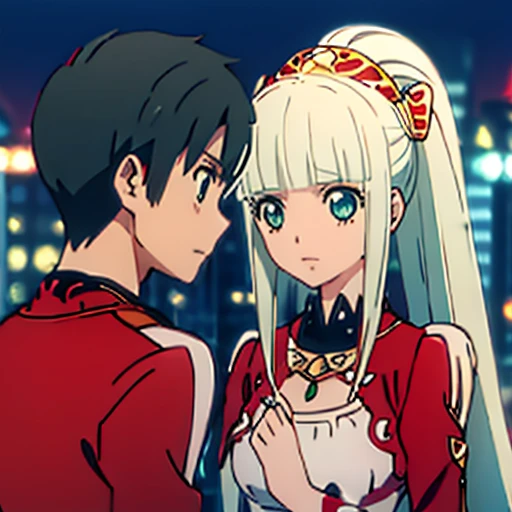 1 boy with black hair, Red jacket romantically kissing a girl in a red and white dress Long light green hair and green eyes, bright city at night in the background., True love, blushing cheeks, high quality 